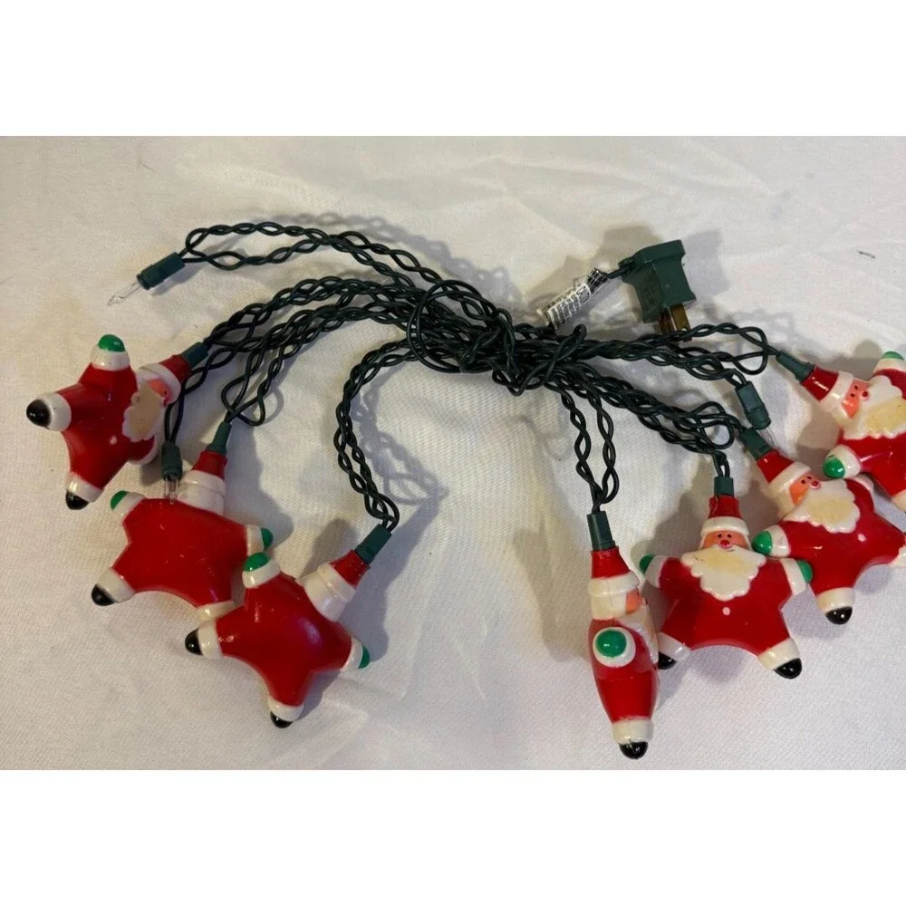 Vintage Plastic Santa Clause Lights Set Covers 7 Collectible Star Shape Quirky